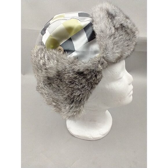 Chaos ski winter trapper hat ear flaps Green Gray quilt pattern Faux‎ Fur - Picture 10 of 10